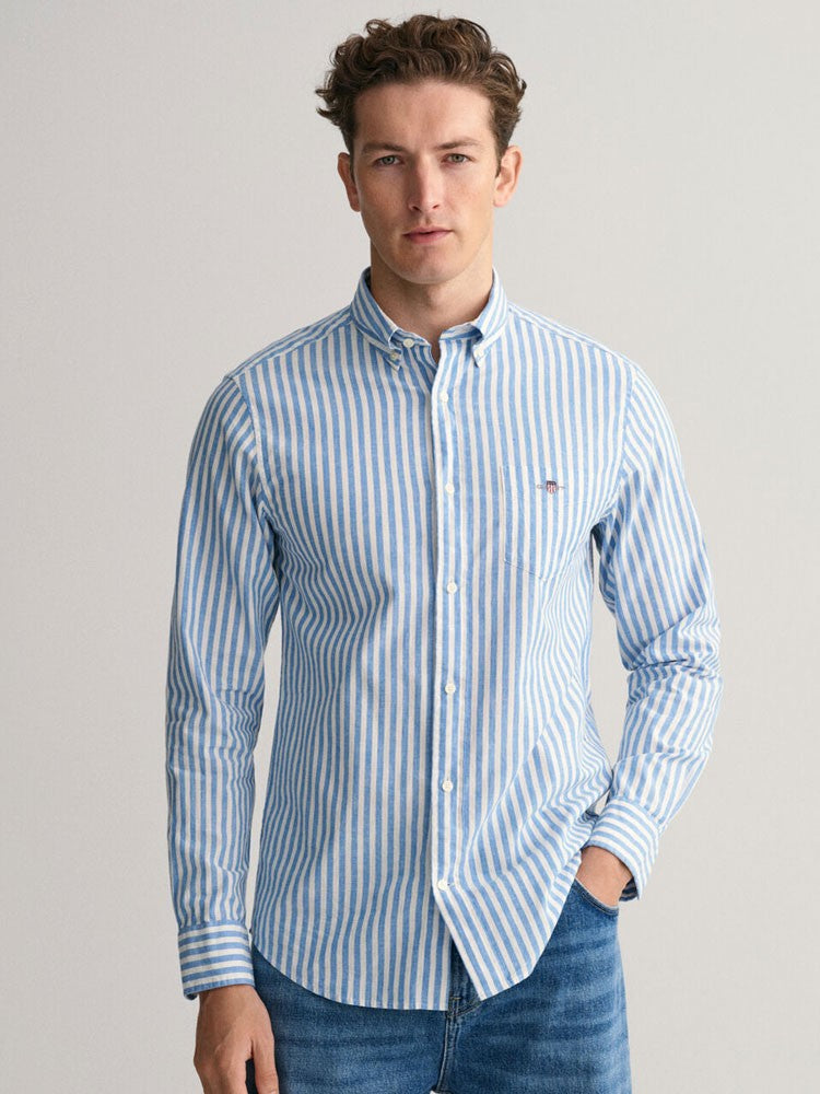 Regular Fit Cotton Linen Stripe Shirt - Day Blue
