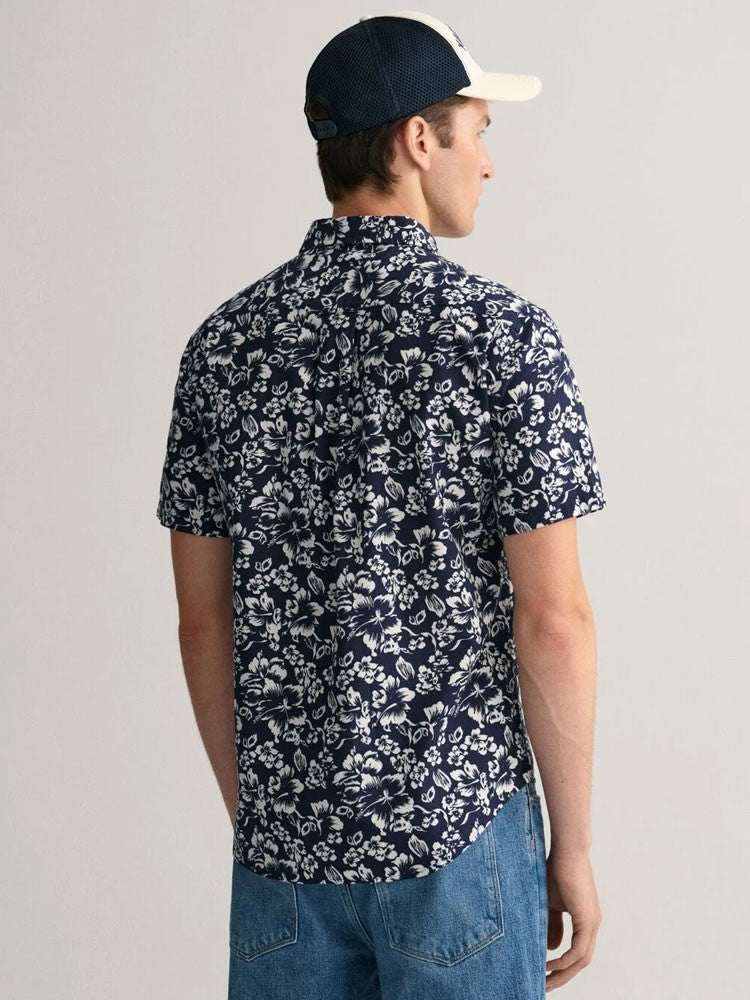 Regular Floral Cotton Linen Shirt - Marine