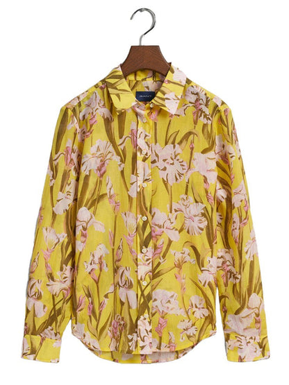 Regular Fit Iris Print Cotton Silk Shirt - Canary Yellow