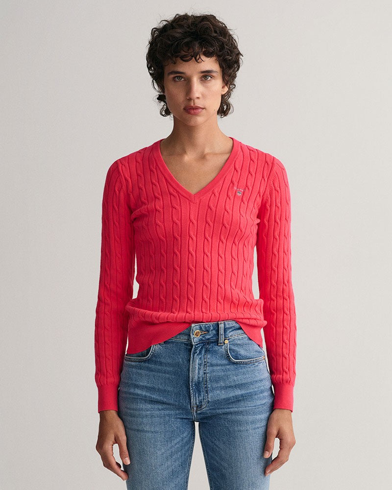 Stretch Cotton Cable V-Neck - Magenta Pink