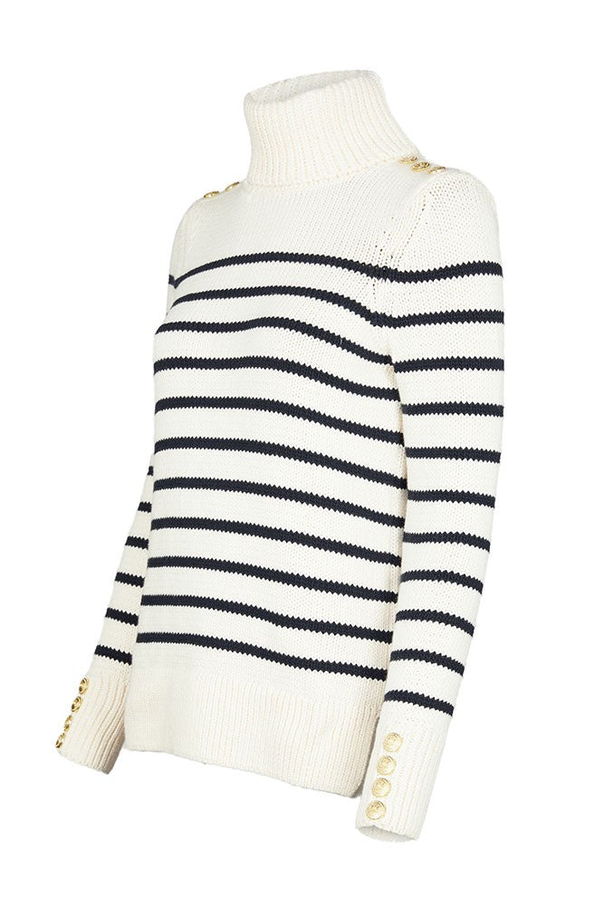 Henley Roll Neck Knit - Natural/ Ink Navy