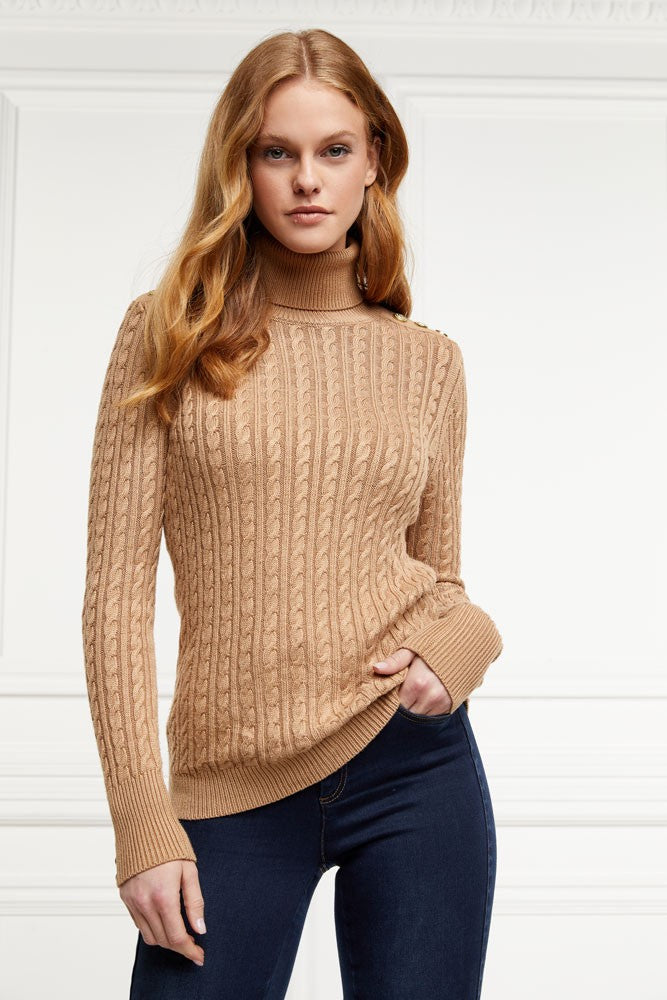 Seattle Roll Neck Cable Knit - Dark Camel Marl