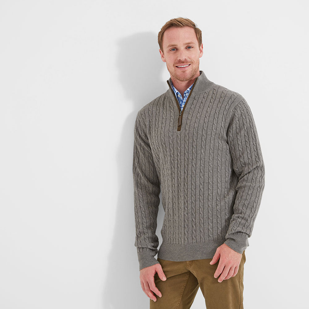 Cotton Cashmere 1/4 Zip Cable Knit Jumper - Mole