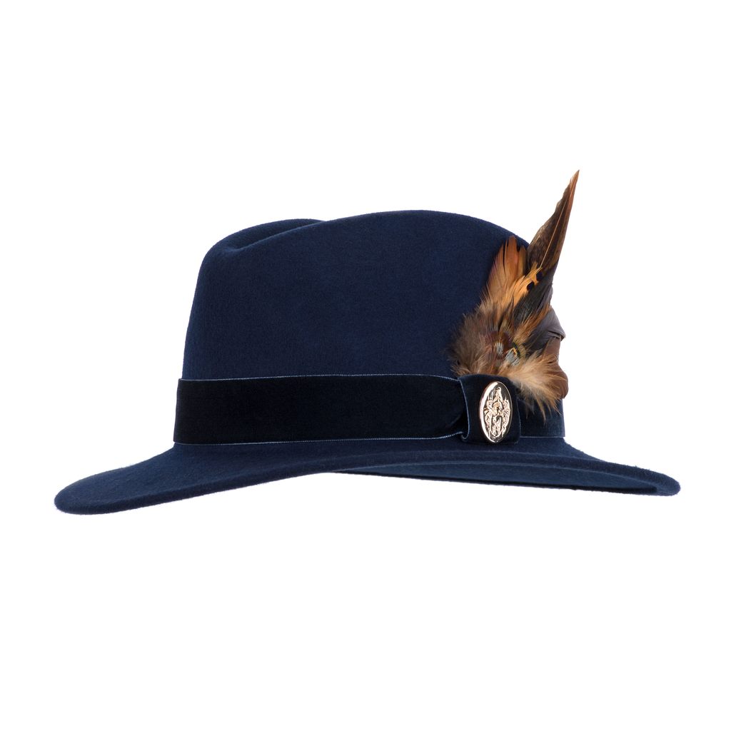 Chelsworth Coque Fedora - Navy Coque/Pheasant Feather